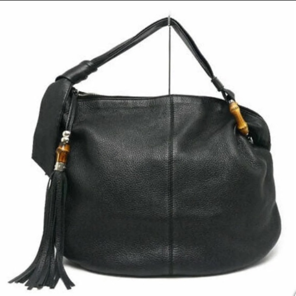 GUCCI Black Calf Leather Bamboo Tassel Hobo Bag